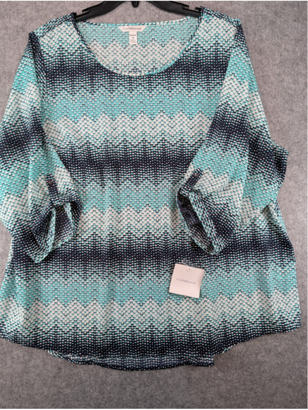 Croft & Barrow Women's Plus Size 2X Blouse Teal Navy Roll Tab 3/4 Sleeve NWT